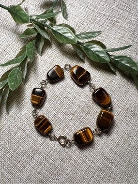 VINTAGE Brown Chunky Tiger's Eye Stone Bracelet with Silver Wire-Wrap